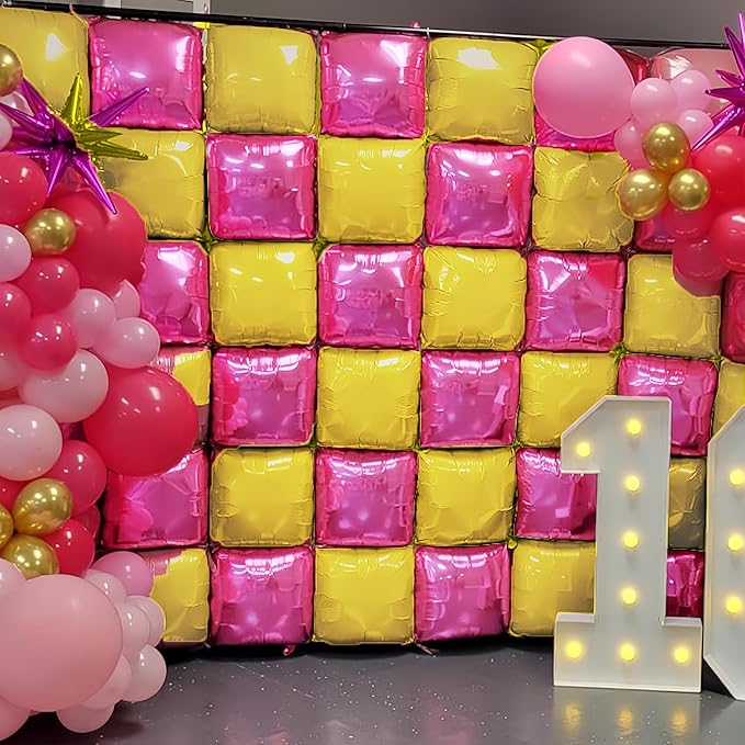 Hot Pink Gold Square Foil Balloons, 25PCS Double Sided Metallic Gold Chrome Pink Square Balloons Backdrop Wall Tunnel Arch Kit Background for Girls Women Birtdays Wedding Baby Shower Valentine
