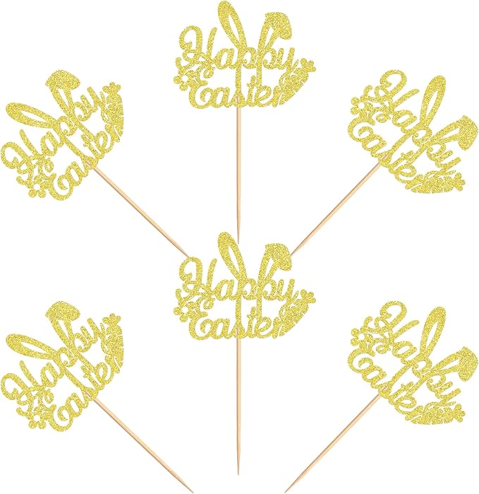 Ercadio 24Pcs Happy Easter Cupcake Toppers Glitter Golden Happy Easter Bunny Ears Cupcake Picks for Easter Day Theme Baby Shower Easter Birthday Party Cupcake Decorations