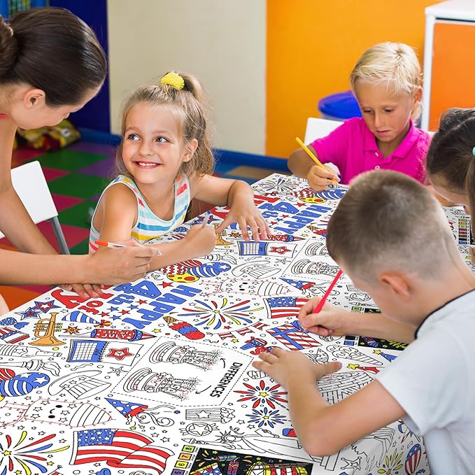 Gatherfun 4th of July Patriotic Party Supplies Color-in Disposable Paper Tablecloth | 54x88 in Independence Day Party Decorations Set for American Flag-Themed, School & Special Events