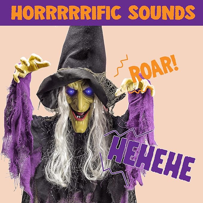 JOYIN 72” Halloween Hanging Witch Decorations Outdoor, Flying Talking Ghost Decor Light Up Eyes Sound Activated, Outside Indoor Haunted House Prop for Lawn Yard Garden, Purple