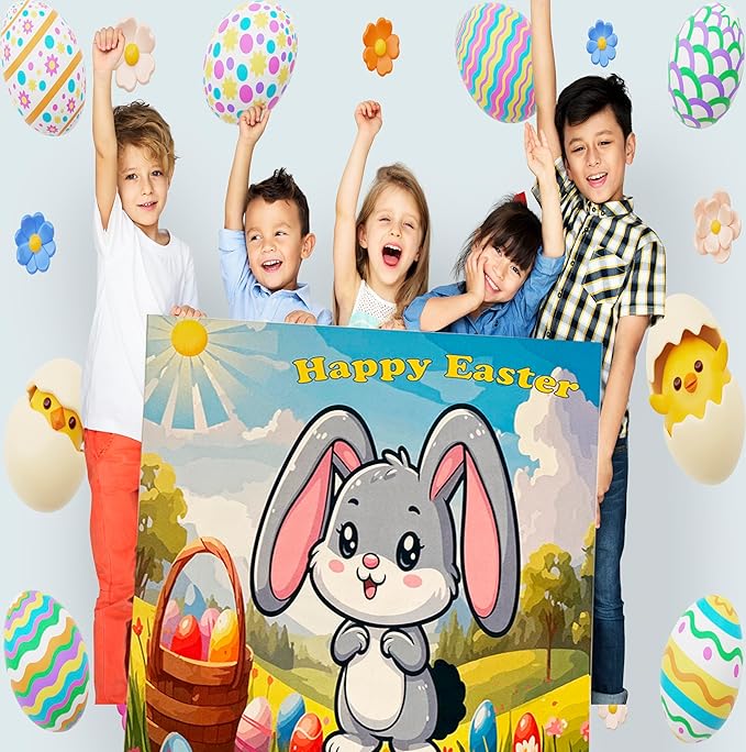 Easter Party Game, Pin The Tail on The Bunny, Sticker Tails for Bunny Game, Holiday Activity, Blindfold Included, Fun Easter Game, All Ages Game for Easter, 24 Sticker Tails