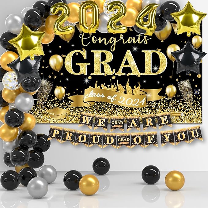 204Pcs Graduation Party Decorations Class of 2024- Graduation Party Supplies with Grad Backdrop, Banners, Balloons Kit,Paper Plates,Cups,Napkins,Cutlery,Tablecloth and CupCake Toppers-Black & Gold