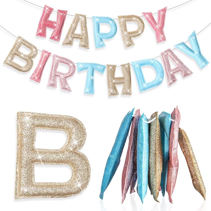 Tegeme Felt Happy Birthday Banner, Pre-strung Glitter Pastel Happy Birthday Garland Reusable Mini Colorful Rainbow Decoration for Woman, Man Party Photo Prop