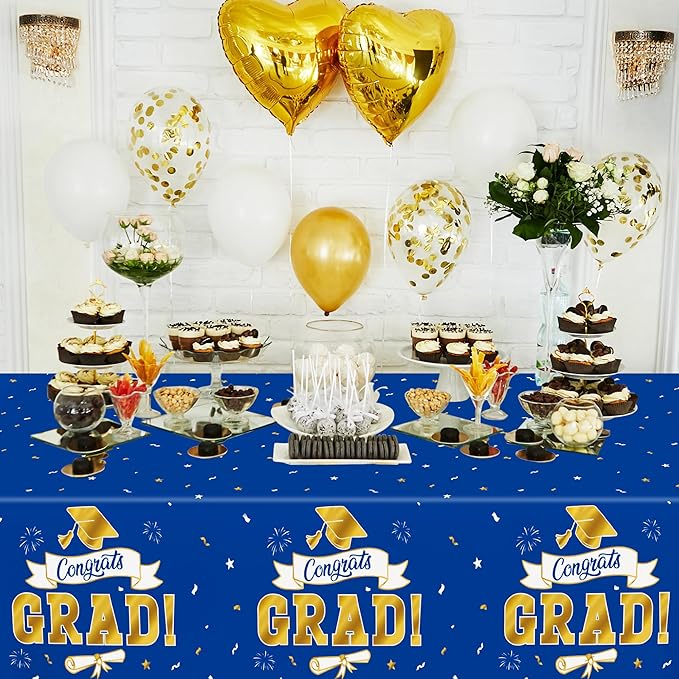 QZYL 2Pack 2026 Graduation Decorations, 108" X 54" Graduation Tablecloth, Bluegold Disposable Table Cloths for Grad Party Favors Supplies, Rectangle Plastic Tablecover for Class 2026 Congrats Grad