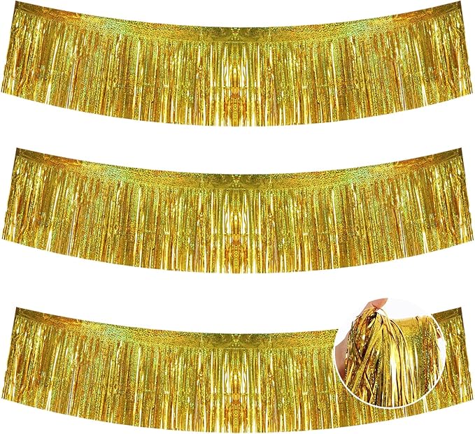 BEISHIDA 3 Packs 30 Feet Metallic Foil Fringe Garland Tinsel Streamers，Laser Gold Wall Hanging Tinsel Fringe Banners for Wedding Birthday Party Decoration Halloween Christmas New Year