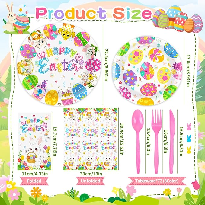 144 Pcs Disposable Easter Plates and Napkins Set-9 Inch Dinner Plates and 7 Inch Dessert Plates with Napkins and Flatware-Bunny Egg Tableware with Happy Easter-Spring Party Supplies for 24