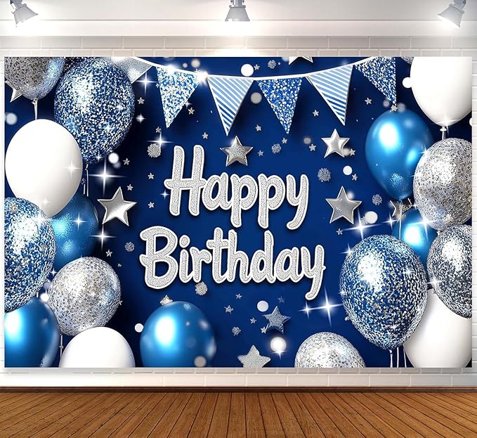 Royal Navy Blue Silver Happy Birthday Banner for Men 7x5ft Happy Birthday Backdrop for Boys Royal Blue Backdrop Birthday Decorations for Men Party Banner Decoraciones De Cumpleaños