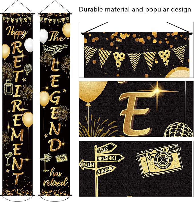 Boao Retirement Porch Sign Door Hanging Banner, Retirement Banner the Legend Fabric Door Sign Background for Retire Party Decoration Supplies, 71 x 12 Inches(Black and Gold)