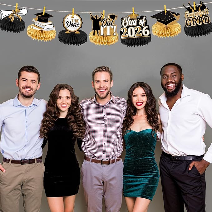 Yisong 9 Pieces 2026 Graduation Party Table Decorations Class of 2026 Congrats Graduation Centerpieces for Tables Congratulate Honeycomb Centerpiece Topper for Grad Party Supplies(Black Gold)