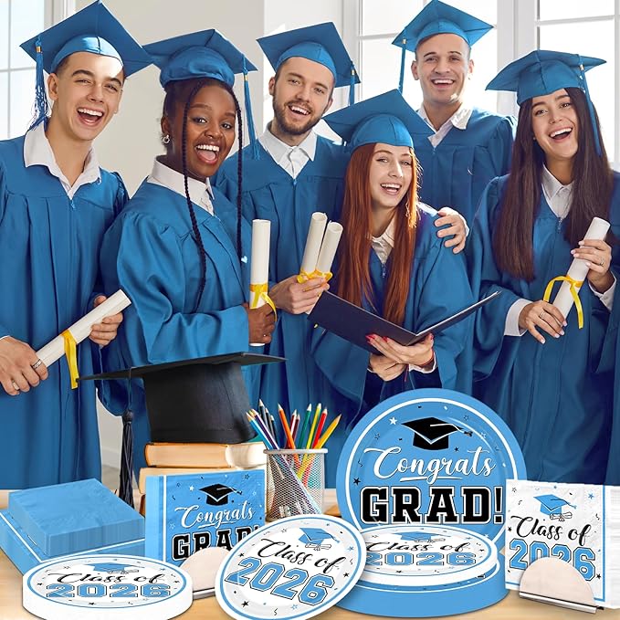 Light Blue Graduation Plates and Napkins Class of 2026 Grad Congrats Party Supplies Disposable Dessert Paper Plates Cocktail Napkins for Sky Blue Graduation Party Decorations,Serve 50