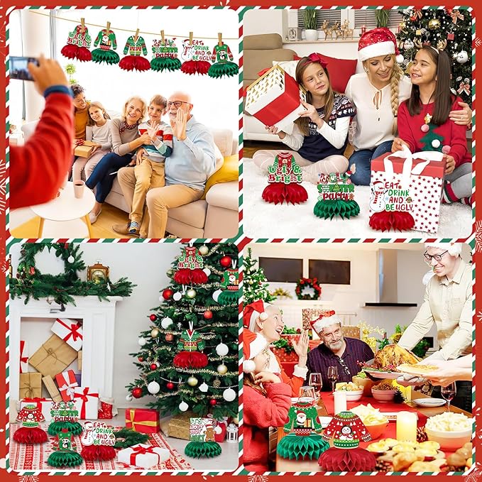 JULMELON 8PCS Ugly Sweater Party Decorations Honeycomb Centerpieces, Ugly Sweater Christmas Party Centerpieces for Tables Ugly Sweater Table Decor 3D Table Toppers for Christmas Winter Party Supplies