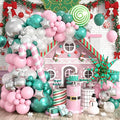 Christmas Balloon Arch Kit, Pink Green Metallic Silver Pearl Balloons with Star Foil, Pink Candy Cane, Green Candy Balloons for Birthday Party Decorations Baby Shower Backdrop