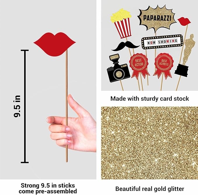 Fully Assembled Hollywood Photo Booth Props - Set of 27 - Black Gold Red Selfie Signs - Movie Night Themed Party Supplies & Decorations - Cute Oscars Designs with Real Glitter - Did We Mention No DIY