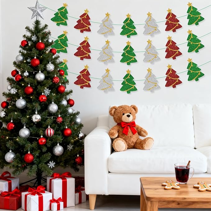 3 Set Pre-Strung Christmas Decorations,Glitter Christmas Tree Banner Garland for Winter Party,Mantle Decor,Xmas Door Wall Window Hanging Decoration,Happy Holidays Decorations