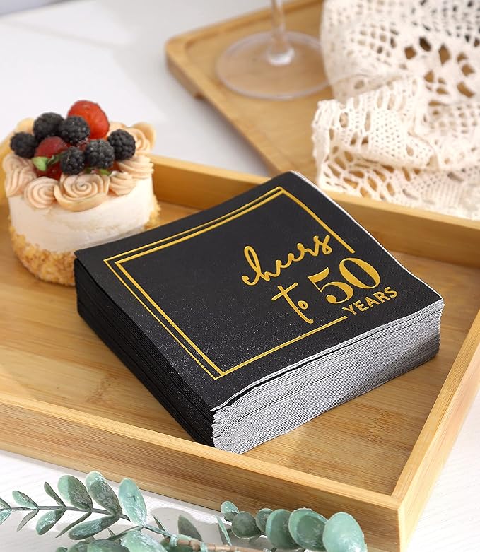 Cheers to Years Cocktail Napkins - 50 PK - 3-Ply Birthday Napkins 5x5 Inches Disposable Party Napkins Beverage Paper Napkins or Birthday Decorations Wedding Anniversary Black and Gold (50 Years)