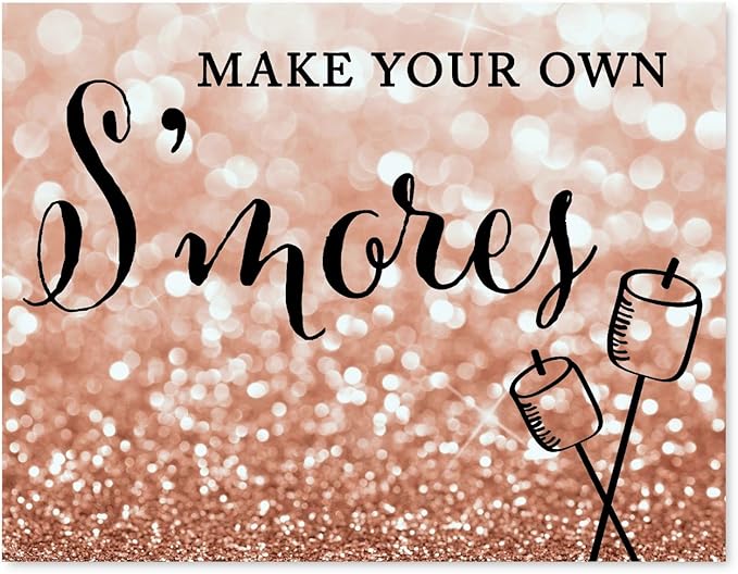 Andaz Press Wedding Party Signs, Glitzy Rose Gold Glitter, 8.5x11-inch, Make Your Own S'mores, 1-Pack, Bokeh Colored Party Supplies, Smore Bar Reception Dessert Table Sign