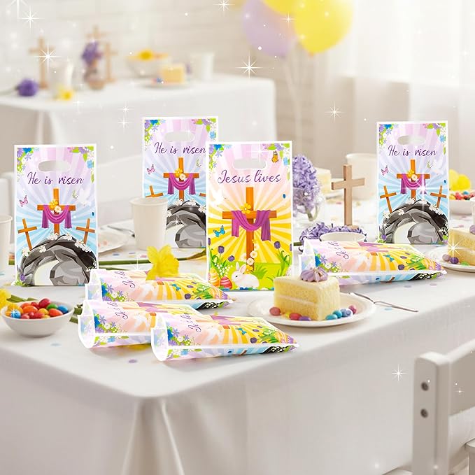 50Pcs Easter He is Risen Party Favor Bags Jesus Lives Religious Goodie Candy Treat Gift Bag Bunny Egg Christian Cross Party Decor for Sunday School VBS Church Spring Easter Jesus Birthday Supplies