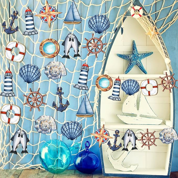 Chunful 30 Pieces Summer Tree Ornaments Christmas in July Wood Hanging Decoration Beach Wooden Slices Winter Tree Ornaments with String for Luau Hawaiian Party Supplies (Sailing Style)