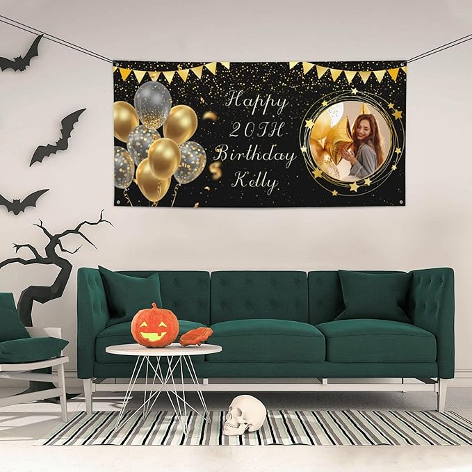 Custom Happy Birthday Banner Personalized Banners and Signs with Photo Name for Women Men Kids Party Decorations Supplies Indoor Outdoor Birthday Gifts Style 04