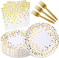 White and Gold Paper Plates and Napkins Party Supplies,Serves 25 Guests White Gold Plates and Napkins,Disposable Paper Tableware Set for Birthday Wedding Bridal Shower Baby Shower Decorations