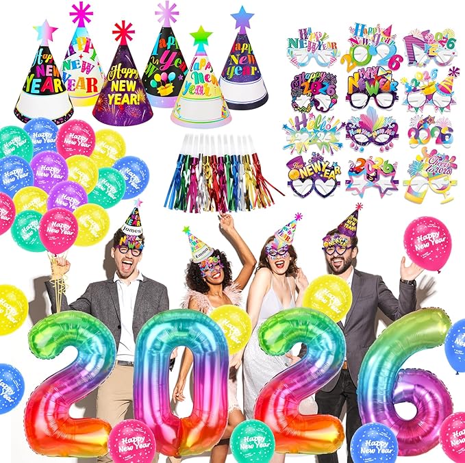 HOWAF 41pcs New Years Eve Party Supplies 2026 Colorful Happy New Year Hats News Years Eve Hats 2026 Glasses Party Blowouts Balloons NYE Party Favors Accessories Kit for Happy New Year Decorations