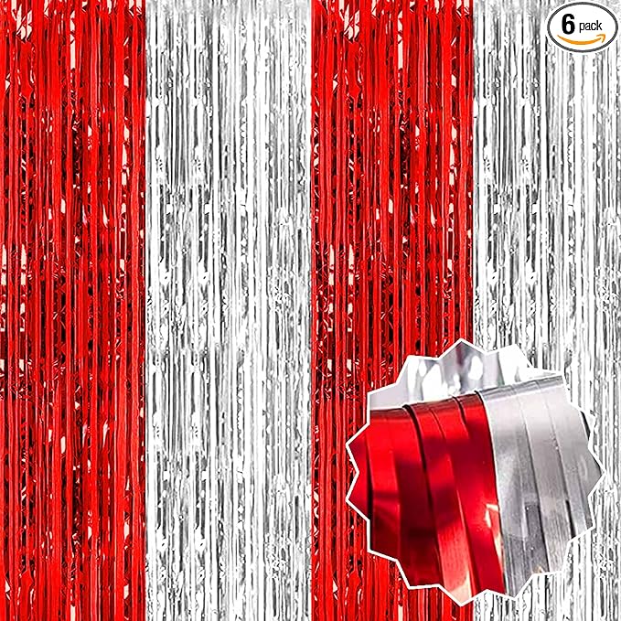 6 Pack Red and Silver Foil Fringe Curtains Backdrop, 3.28 x 8.2 Ft Metallic Streamers Tinsel Curtains Background for Photo Booth, Birthday, Christmas, Halloween, New Year Party Decorations
