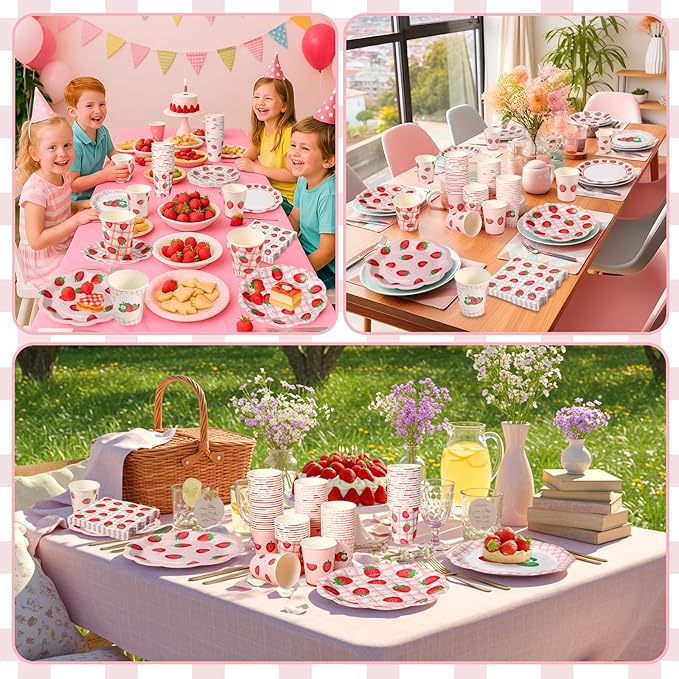 Yungyan 216 Pcs 72 Guest Strawberry Party Paper Plates and Napkins Strawberry Decoration Disposable 6" Scalloped Dessert Plates 9 oz Cup Tableware Set for Baby Shower Berry First Birthday Supplies