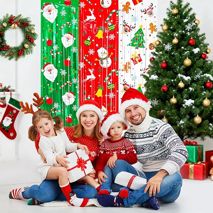 3 Pack Printed Christmas Foil Fringe Curtains, Red Green Tinsel Backdrop with Santa & Reindeer Patterns - Photo Booth Props for Ugly Sweater Party, Christmas in July & Winter Holiday Decor