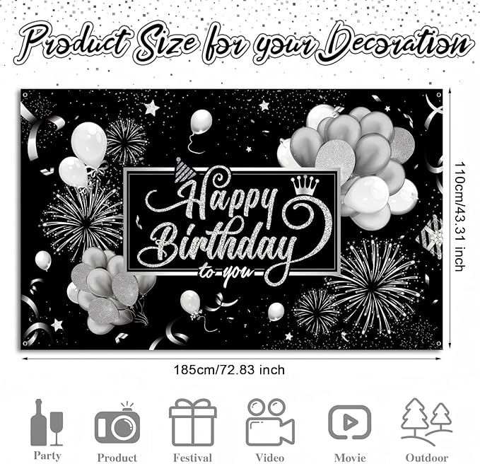 Blulu Happy Birthday Backdrop Banner Sign Poster Large Fabric Glitter Balloon Fireworks Sign Photo Backdrop Background for Birthday Party Decoration Supplies, 72.8 x 43.3in(Black and Sliver)