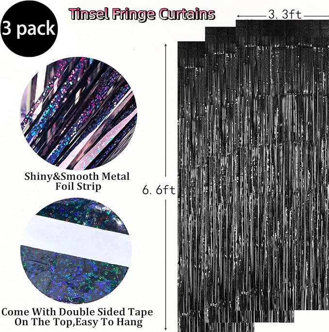 3 Pack Foil Curtain Backdrop 3.3x6.6 ft Tinsel Fringe Curtains for Parties Metallic Streamers Photo Booth Props,Wedding & Birthday,Holiday Decorations Disco,Bachelorette,Door Hanging Decor (Black)