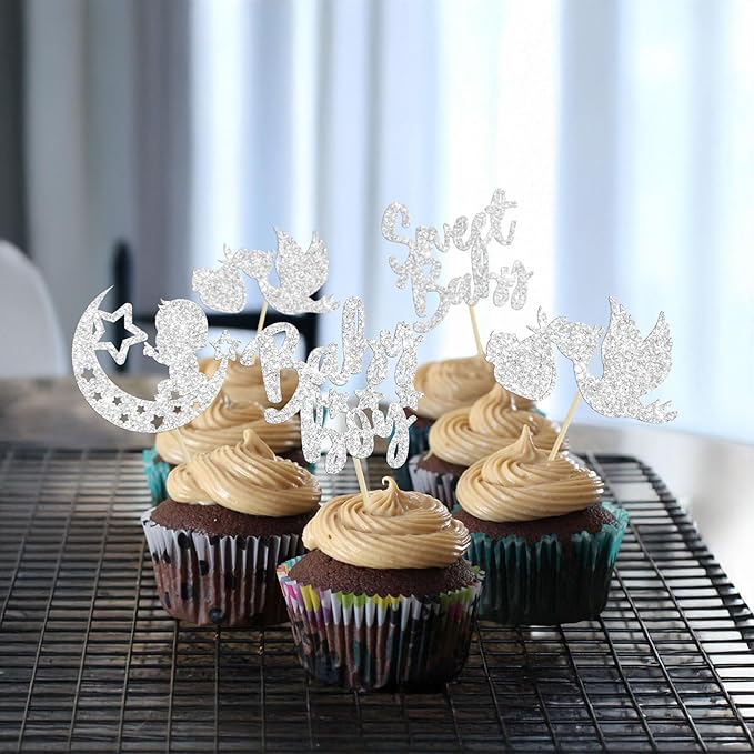 24Pcs Baby Shower Boy Cupcake Toppers Silver Glitter Moon Star Sweet Baby Boy Cupcake Picks Decorations for Gender Reveal Baby Shower Kids Boys Birthday Party Supplies
