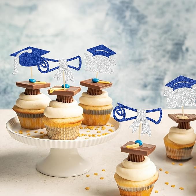 Gyufise 24Pcs Class of 2026 Graduation Cupcake Toppers Glitter Diploma 2026 Grad Cap Cupcake Picks for 2026 Theme Party Cake Decorations Supplies Silver Blue