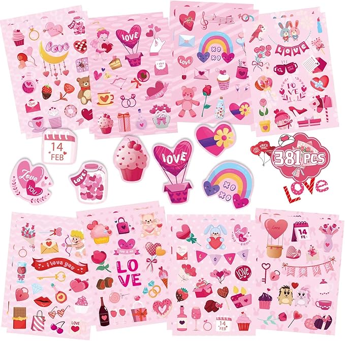 381PCS Valentine Stickers for Kids - Love Stickers Heart Stickers Valentines Day Craft Activities Party Favors Supplies Valentines Day Gift