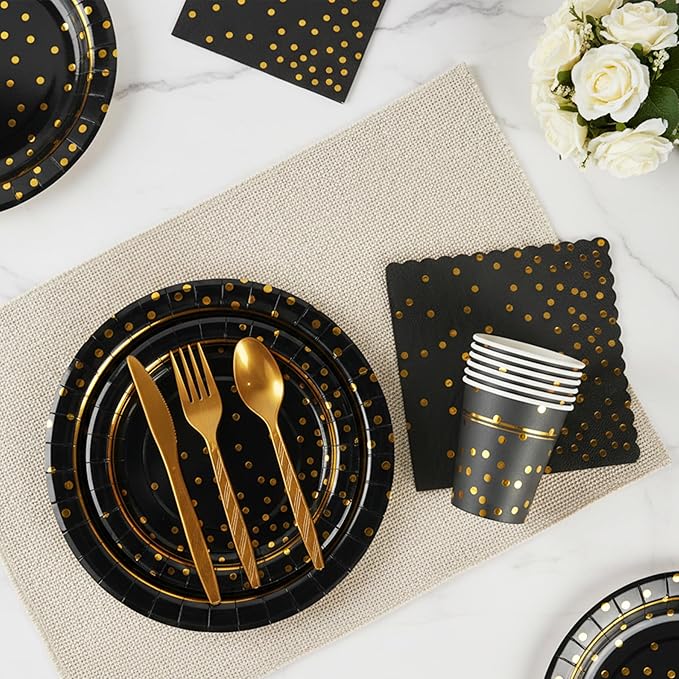 Black Gold Paper Plates and Napkins Party Supplies for 24 Guests, 168 Pcs Disposable Paper Plates with Utensils Set for Black and Gold Graduation Birthday Anniversary Retirement Party Decorations