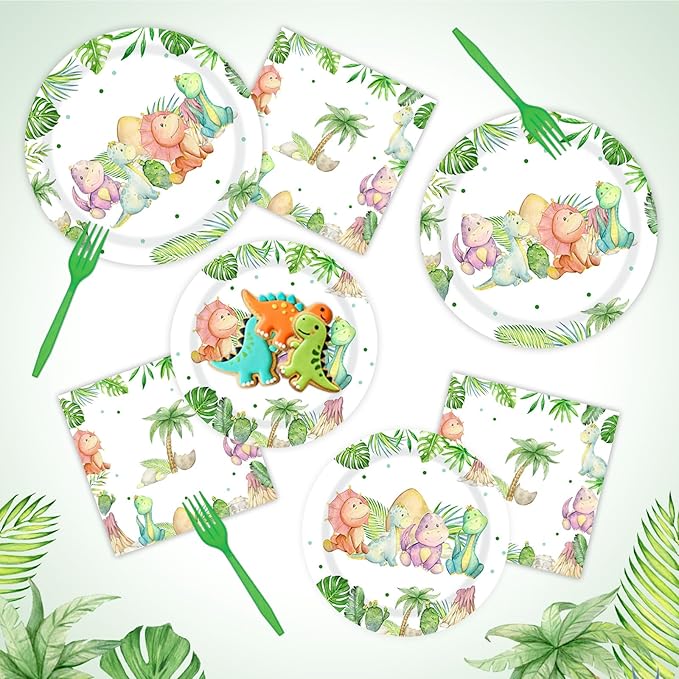 96 Pieces Dinosaur Birthday Party Decorations Supplies Dinosaur Baby Shower Party Tableware Set Watercolor Dino Baby Shower Birthday Party Dessert Plates Napkins Forks for 24 Guests