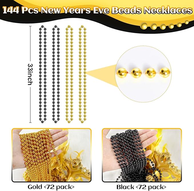 144 PCS Gold Black New Year Necklaces, New Year Eve Necklaces, 33'' Round Happy New Year Necklace Accessories, 2026 New Year Party Beads for New Year's Day, Halloween, Christmas, Carnival Party Favors