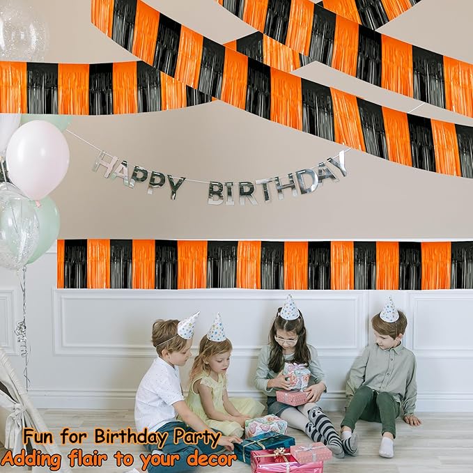 4 Packs Total 39 Feet Halloween Parade Floats for Trailer Car, Black Orange Foil Fringe Garland Tinsel Streamers Banner Table Skirts for Halloween Dia De Los Muertos Homecoming Birthday Party