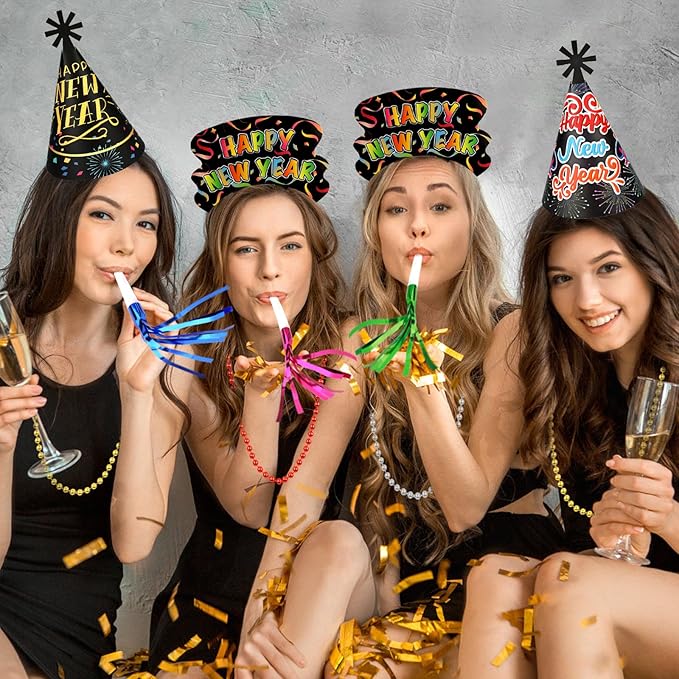 HOWAF Colorful New Years Eve Party Supplies 2026, Pack of 36 Happy New Year Decorations 2026 Kit, Happy New Year Headband New Years Eve Hats Noisemaker Bead Necklaces for NYE Party Favors