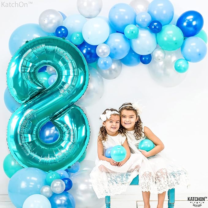 KatchOn, Giant Blue Teal Number 8 Balloons - 40 Inch || Aqua Teal Number Balloons for Happy 8th Birthday Decorations for Girls & Boys | Balloon For 8 Happy Anniversary Decorations