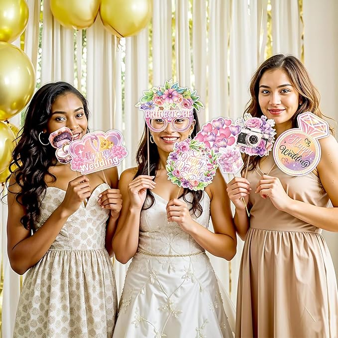 30 Pieces Wedding Photo Booth Props Wedding Bridal Shower Photo Booth Prop Bachelorette Party Decorations Photo Booth for Bridal Shower Gift Accessories Favor Supplies (Pink)
