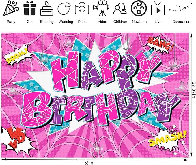 5x3ft Pink Spider Theme Backdrop Cartoon Photography Background Kids Boys Girls Birthday Party Decorations Photo Booth Banner Props