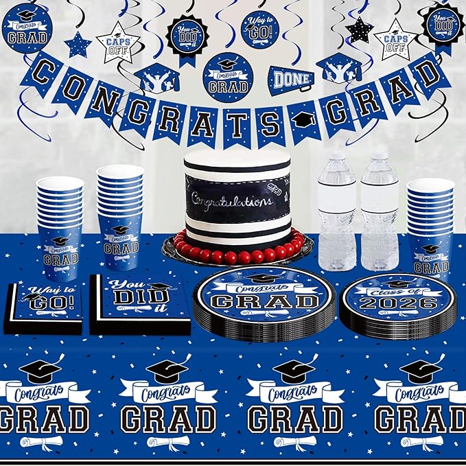 DAZONGE Graduation Decorations 2026 Blue, 265pcs Graduation Party Decorations 2026, Disposable Tableware Set for 50 Guests, Plates, Cups, Tablecloth with Congrats Grad Hanging Decor