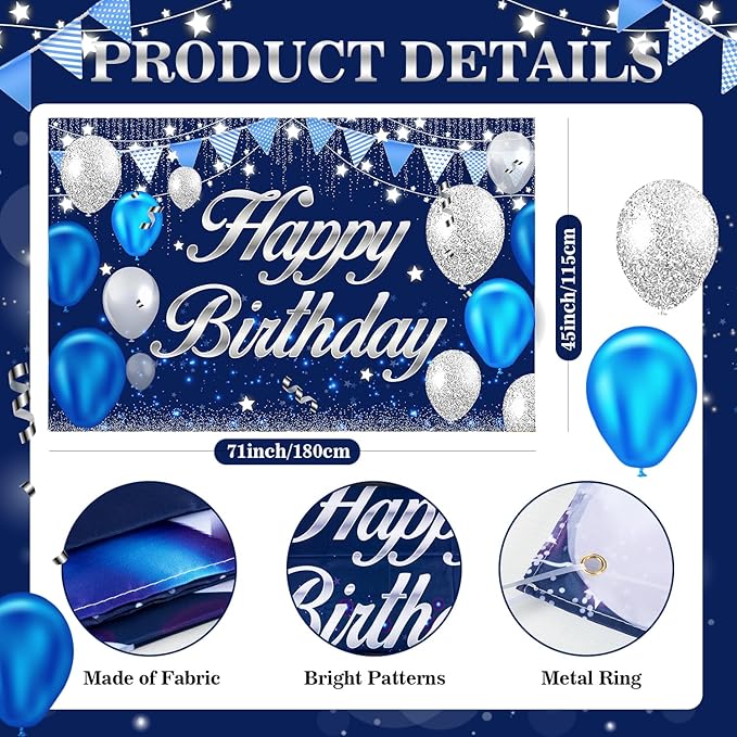 Happy Birthday Banner - Birthday Decorations for Men Women Boys Girls Blue Sliver Birthday Party Banners Welcome Happy Birthday Background Sign Theme Party Decorations Indoor Outdoor