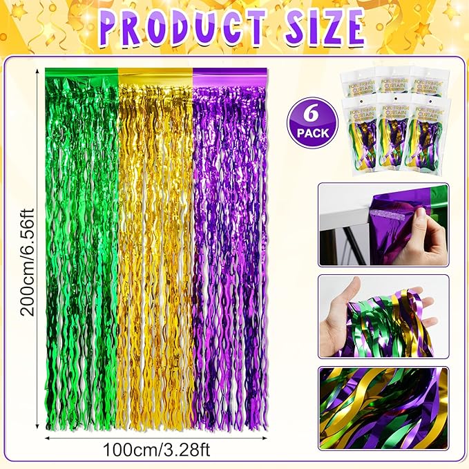 6 Pack 3.3Ft x 6.6Ft Mardi Gras Wavy Foil Fringe Curtain Backdrop Decorations, Purple Gold Green Metallic Tinsel Foil Streamers Curtain Photo Background for Mardi Gras Carnival Wedding Birthday Party
