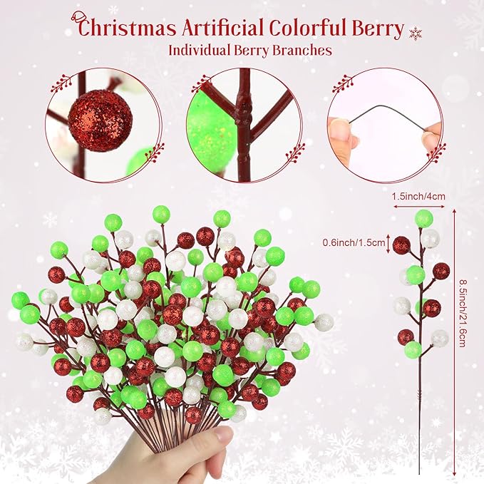 HOHOTIME 24 Pack Artificial Berry Stems Branches, Christmas Faux Red Fluorescent Green White Holly Colorful Berries Branch Ornaments for Christmas Tree Wreath DIY Craft Decorations Holiday Home Decor