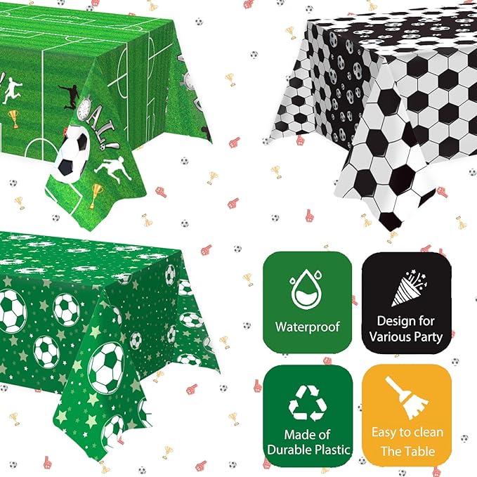 OQOQ Soccer Party Decorations Tablecloths (3 Packs), 108x54 Inches Soccer Birthday Party Decorations Game Plastic Table Cover for Sports Theme Party Supplies