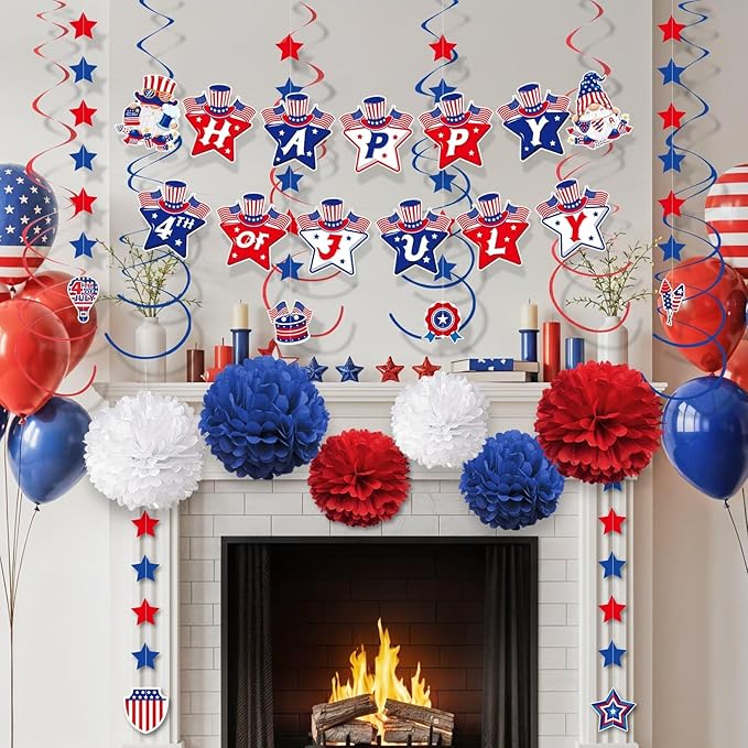 31Pcs 4th of July Party Decorations, Red White and Blue Decor Set with Banner, Hanging Swirls, Pom Poms & Star Streamers,Patriotic Decorations for Independence Day Outdoor Home Office Mantel
