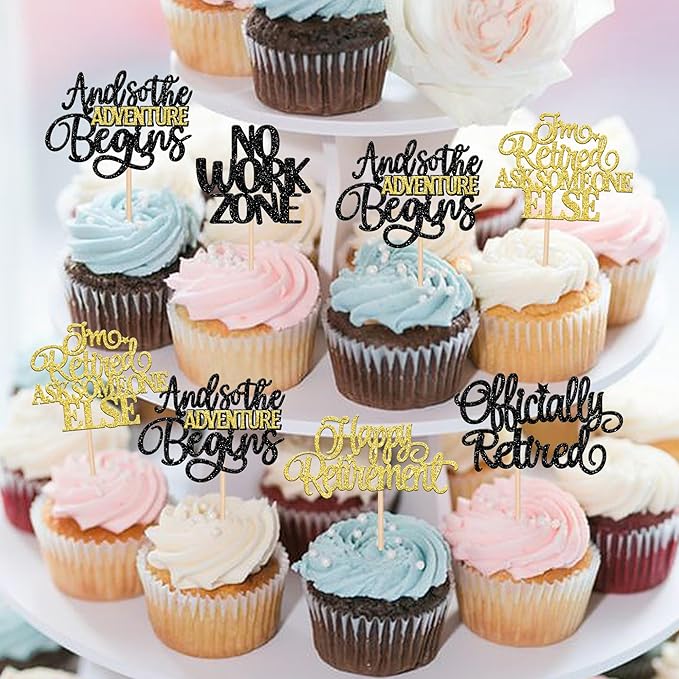 30 PCS Happy Retirement Cupcake Toppers Officially Retired Cupcake Picks No Work Zone Adventure Begins Cake Decorations for Retirement Theme Farewell Birthday Party Supplies Black Gold