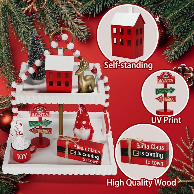 Christmas Decorations 8 PCS Tiered Tray Decor Set, Cute Tabletop Christmas Decor for Home Shelf Mantel Fireplace Office Desk Coffee Bar Xmas Table Centerpieces Tray Objects Holiday Decoration Set