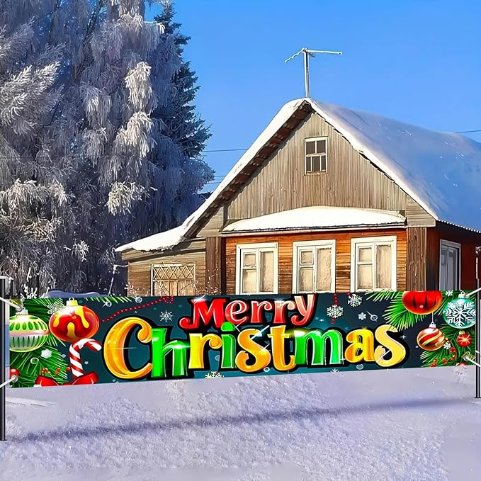 Merry Christmas Decorations Banner 118x20 Inch Polyester Fabric Ornaments Tree Branches Holly Design for Indoor Outdoor Garden Fence Banner Outdoor Porch sign Party Supplies